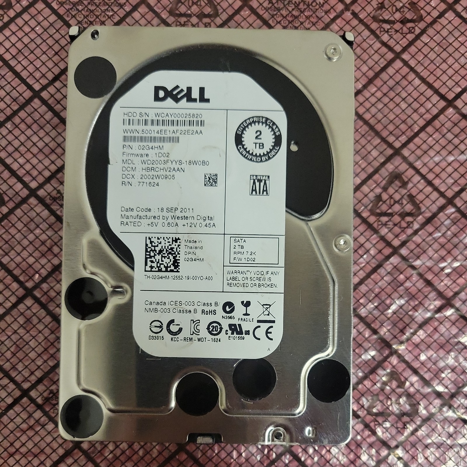 Dell Enterprise WD RE4 2TB 7.2K SATA 3.5" Hard Drive WD2003FYYS  DELL: 02G4HM