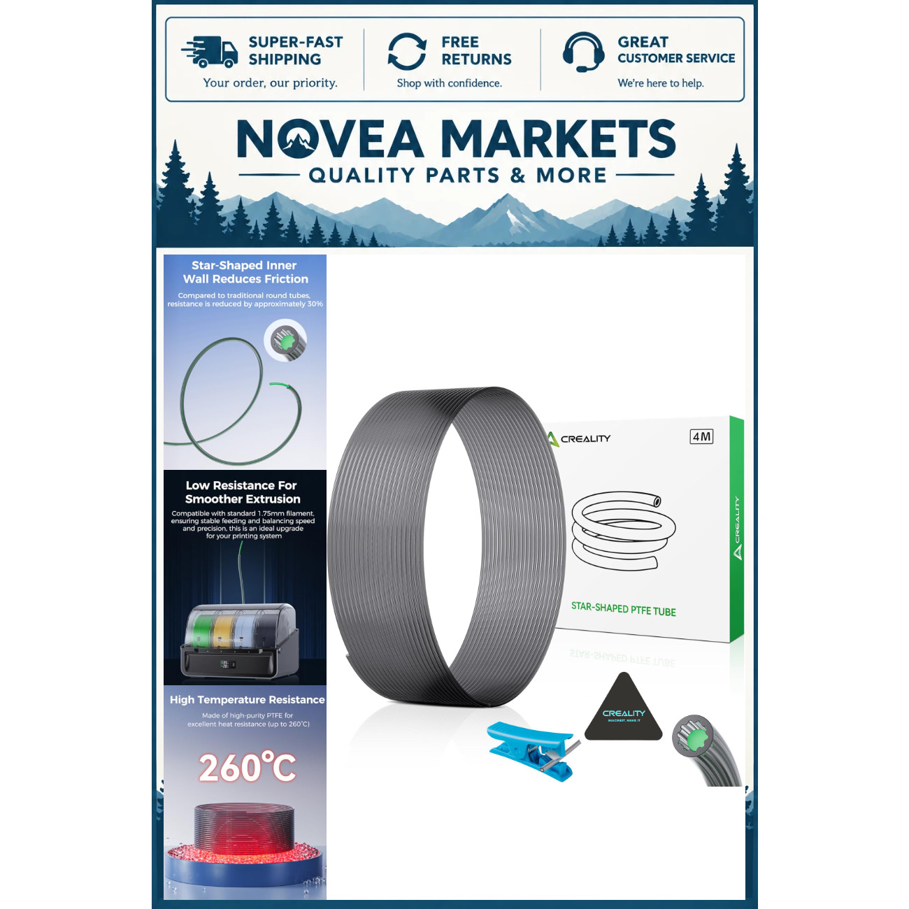 4M Low-Resistance PTFE Bowden Tube for 1.75mm Filament, High Temp 260°C, Tube Cu