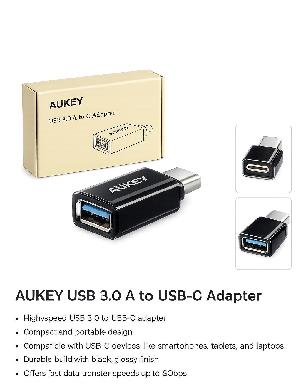 [2-Pack] AUKEY USB 3.0 to USB-C Adapters Portable OTG Converter Black CB-A1