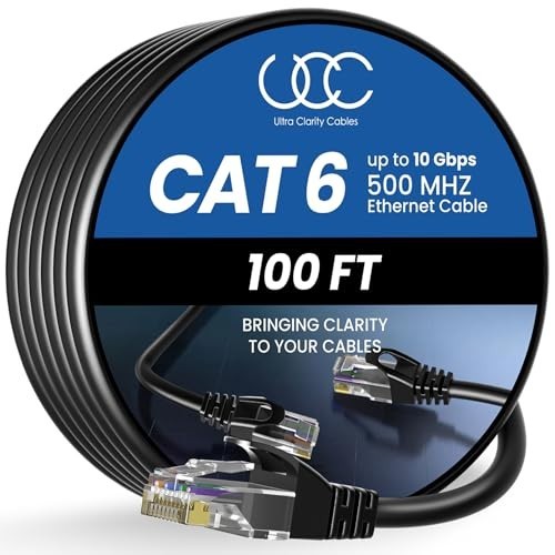 Cat6 Ethernet Cable 100 FT Black RJ45 Male-to-Female Data Transfer