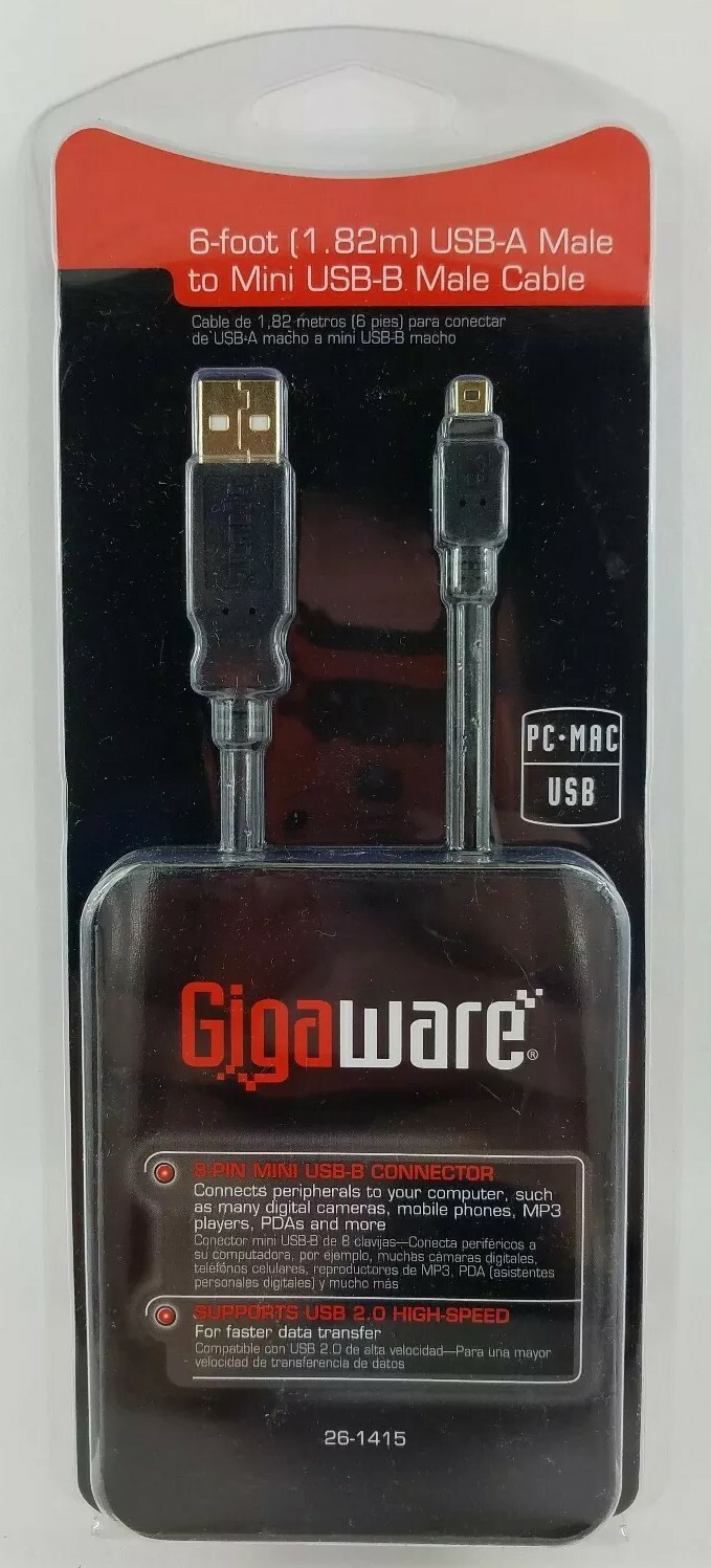 Gigaware 26-1415 - 6 foot USB-A Male to Mini USB-B Male Cable - NOS