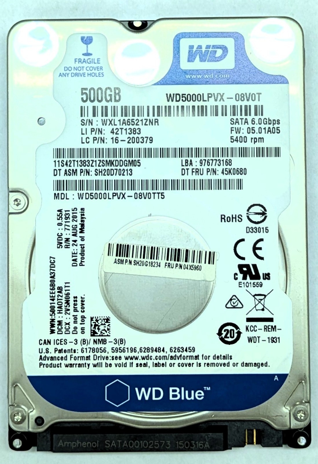 Western Digital WD Blue 500GB 2.5" SATA 6Gb/s Laptop Hard Drive HDD WD5000LPVX