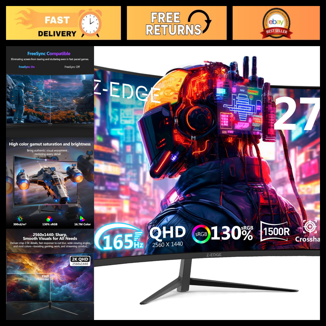 27" Curved Gaming Monitor QHD 1440P 165Hz 144Hz PC Display - Ultra HD, Immersive