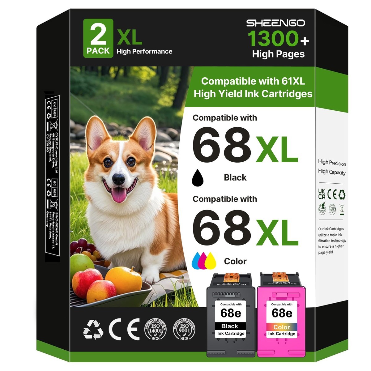 SHEENGO 68XL Ink Cartridges for HP Ink 68 Black Color Combo Pack for Envy 6155e