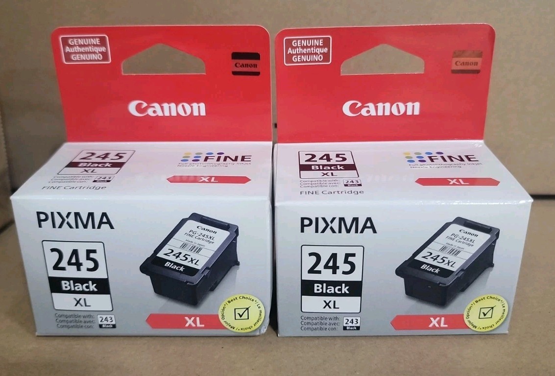 2 Genuine Canon PG-245XL Black Ink Cartridges High Yield PIXMA OEM SEALED NEW