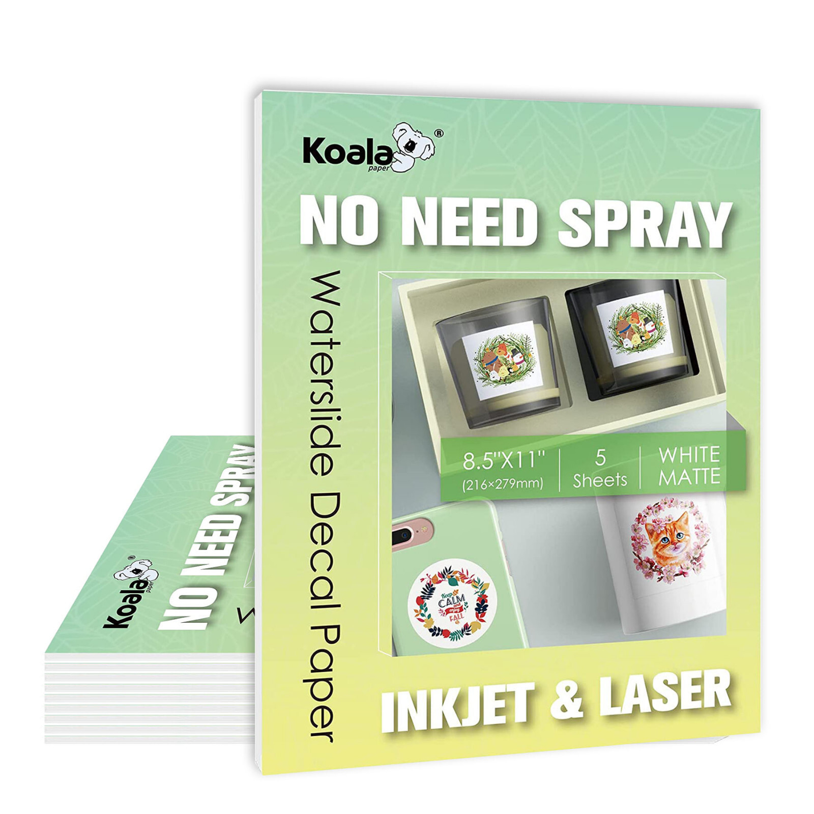 KOALA Waterslide Decal Paper NO NEED SPRAY Matte White for INKJET & LASER 15Pk