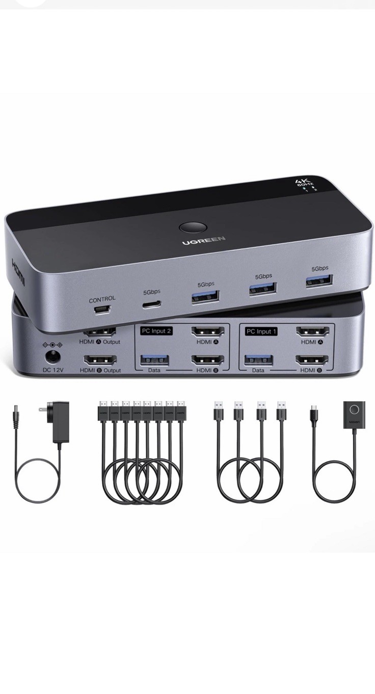 UGREEN HDMI KVM Switch 2 Monitors 2 Computers 4K@60Hz, with 4 USB 3.0 Ports