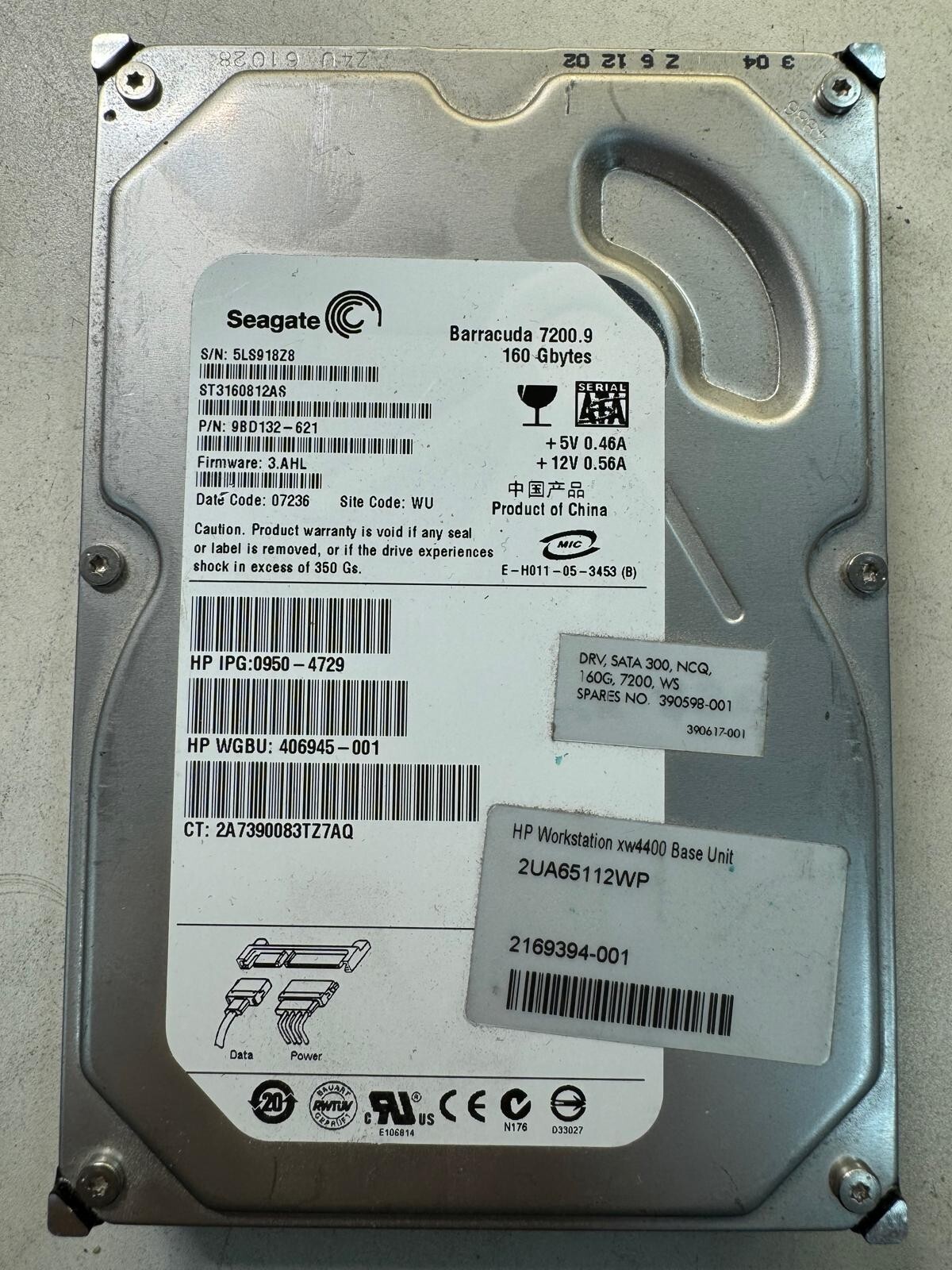 HP 406945-001 ST3160812AS 9BD132-621 160GB Firmware 3.AHL Date Code 07236 3.5"