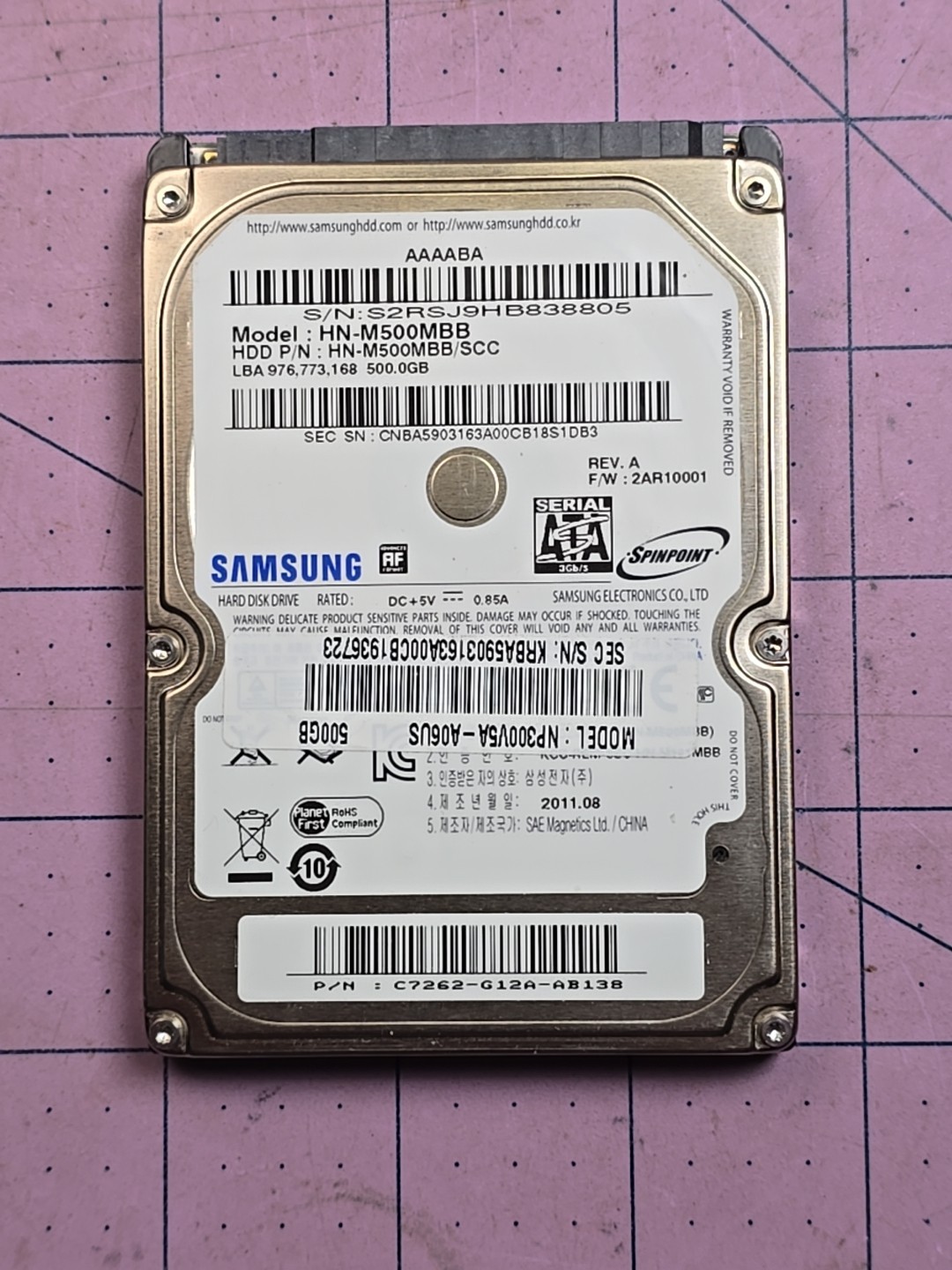 HN-M500MBB/SCC, FW 2AR10001, Samsung 500GB SATA 2.5 Hard Drive