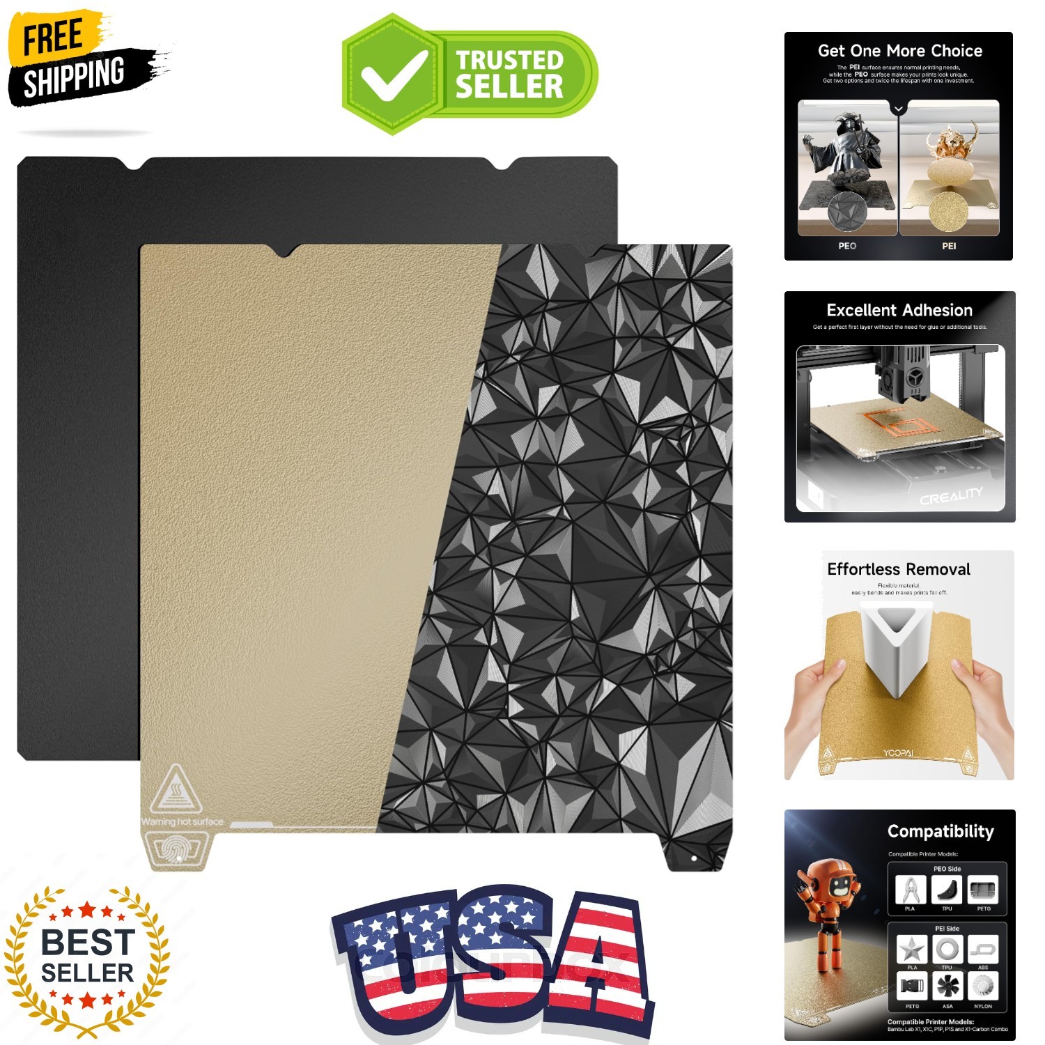 Double-Sided PEI + PEO Sheet and Flexible Magnetic Build Plate, 235x235mm 3D ...