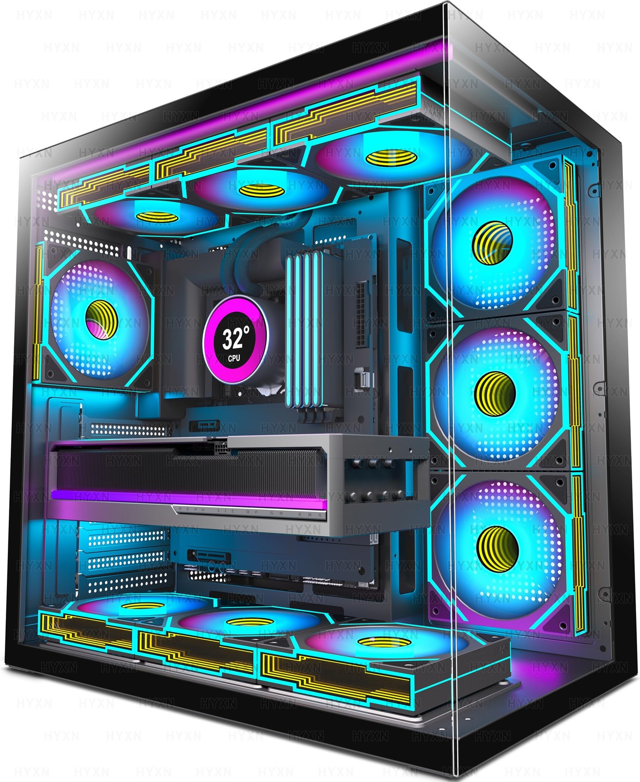 HYXN H1 HYXN PC Case, PreInstalled 7 Infinity Mirror PWM ARGB Fans, ATX Mid T...