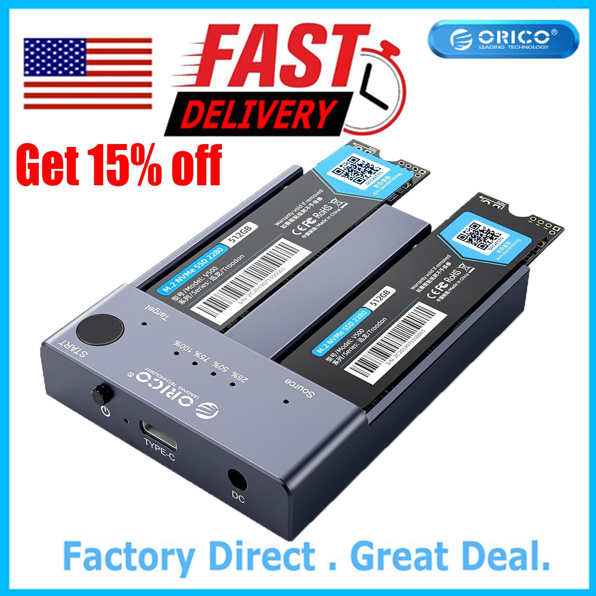 ORICO M.2 NVMe Cloner Dual-Bay NVMe Docking Station USB C to NVMe SSD Enclosure