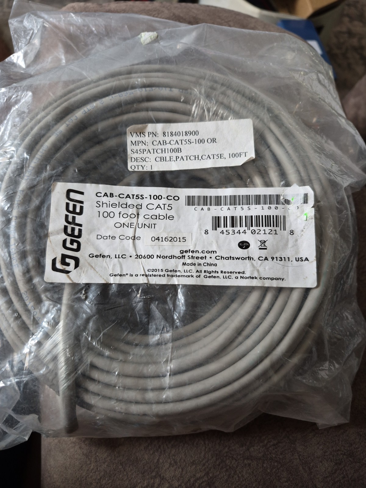 Gefen Shielded CAT5 100ft Cable, CAB-CAT5S-100CO, Gray New In Factory Package