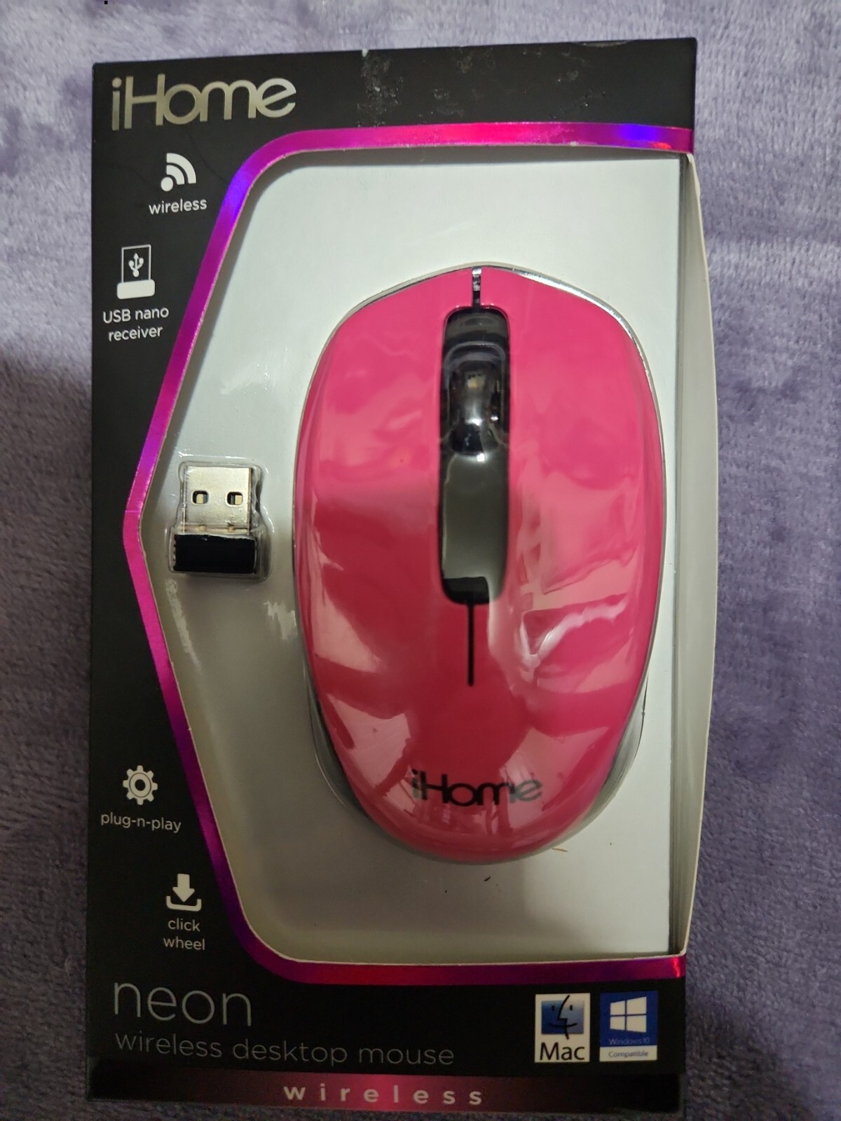New iHome Wireless Desktop Mouse Neon Pink Plug N Play USB Click Wheel Mac PC