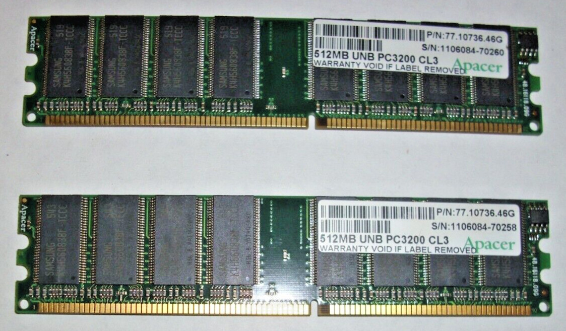 Apacer DDR1 SDRAM 512MB - 1GB Total UNB-PC3200 CL3 77.10736.46g Lot of 2