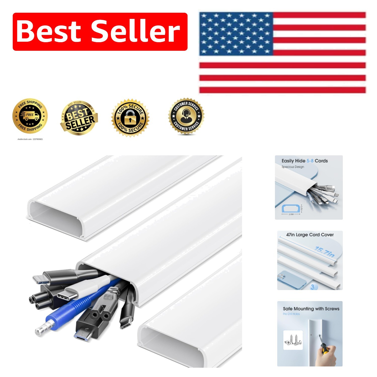 XX-Large Wall-Mounted Cable Hider - 47in White Cord Cover for Elegant Homes