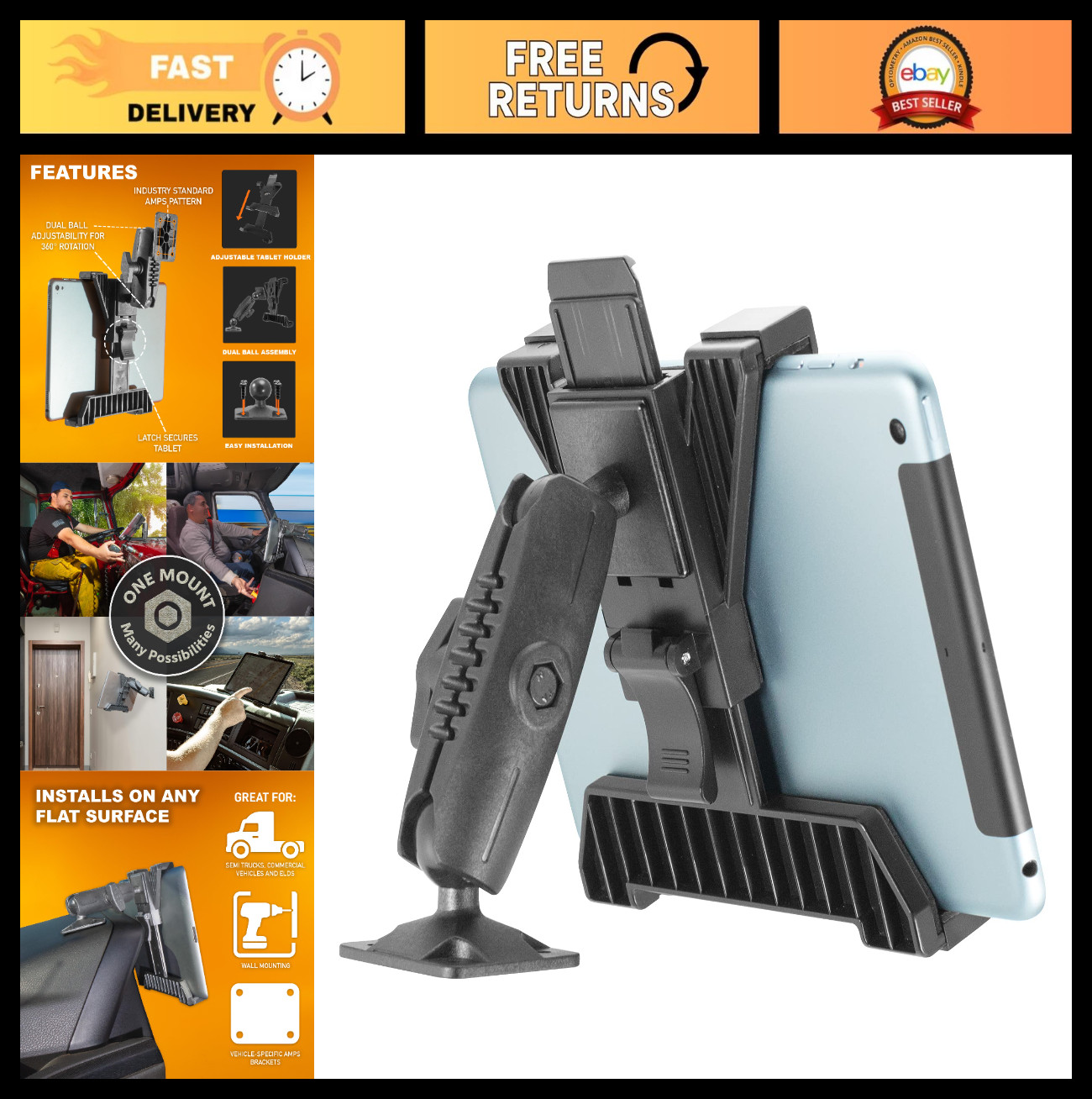 Universal Tablet Drill Base Mount for 7-11" Devices - Ideal for Trucks & Vehicle