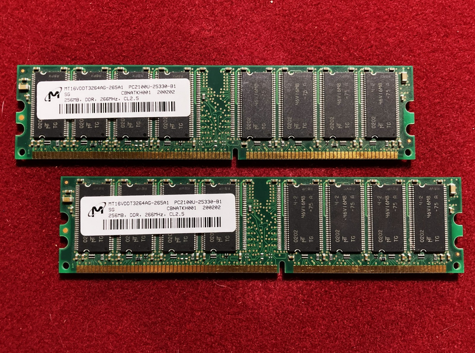 2- Memory Cards, Micron #MT16VDDT3264AG-265A1, 256mB, DDR, 266 MHz, CL 2.5, OEM