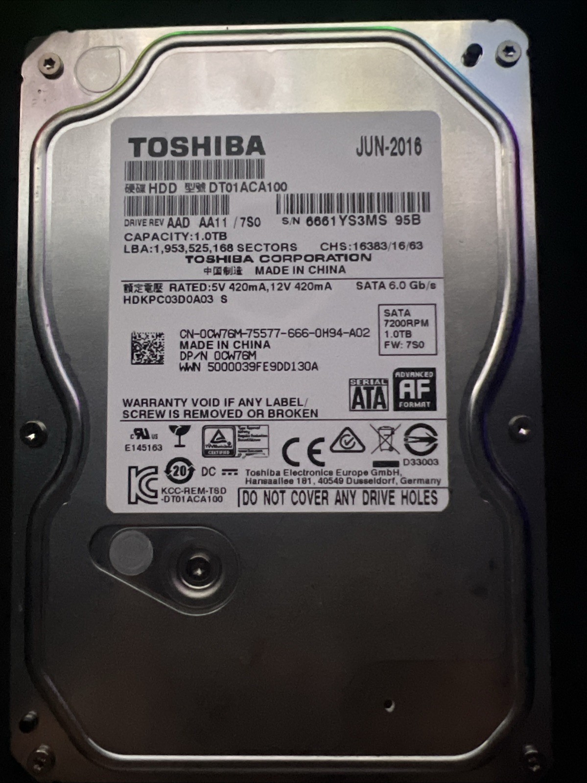 Toshiba 1000GB Internal 7200RPM 3.5" (DT01ACA100) HDD
