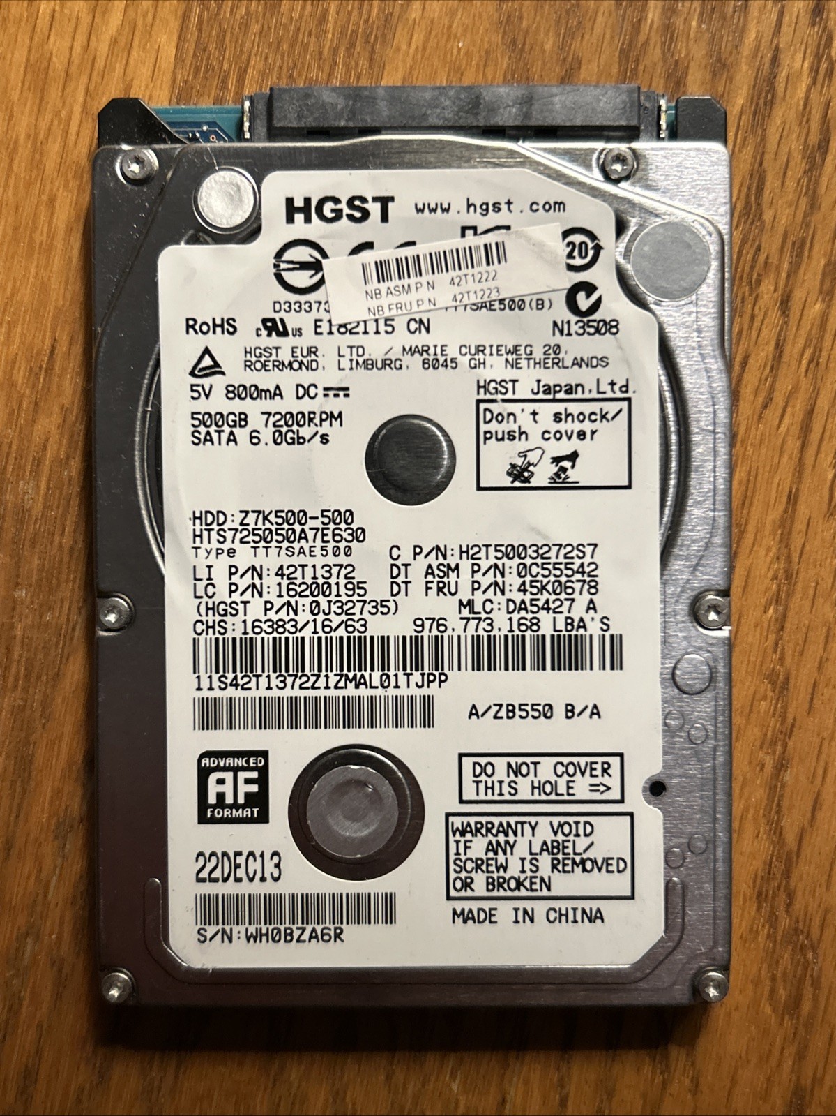 HGST Travelstar Z7K500-500 Laptop SATA Hard Drive 500GB 7200RPM