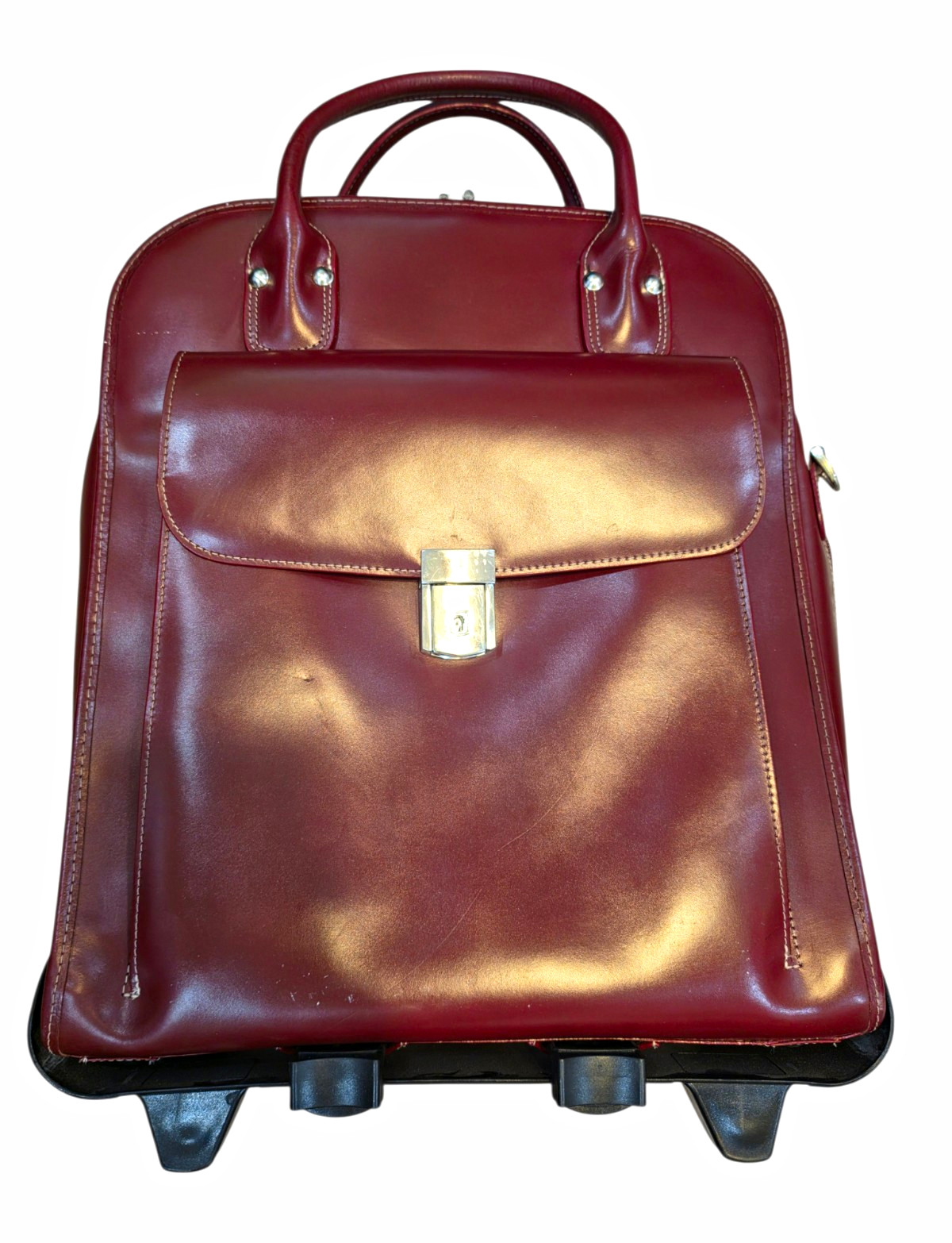 Weatherproof Burgundy Leather Carry-On Rolling Suitcase Retractable Handle
