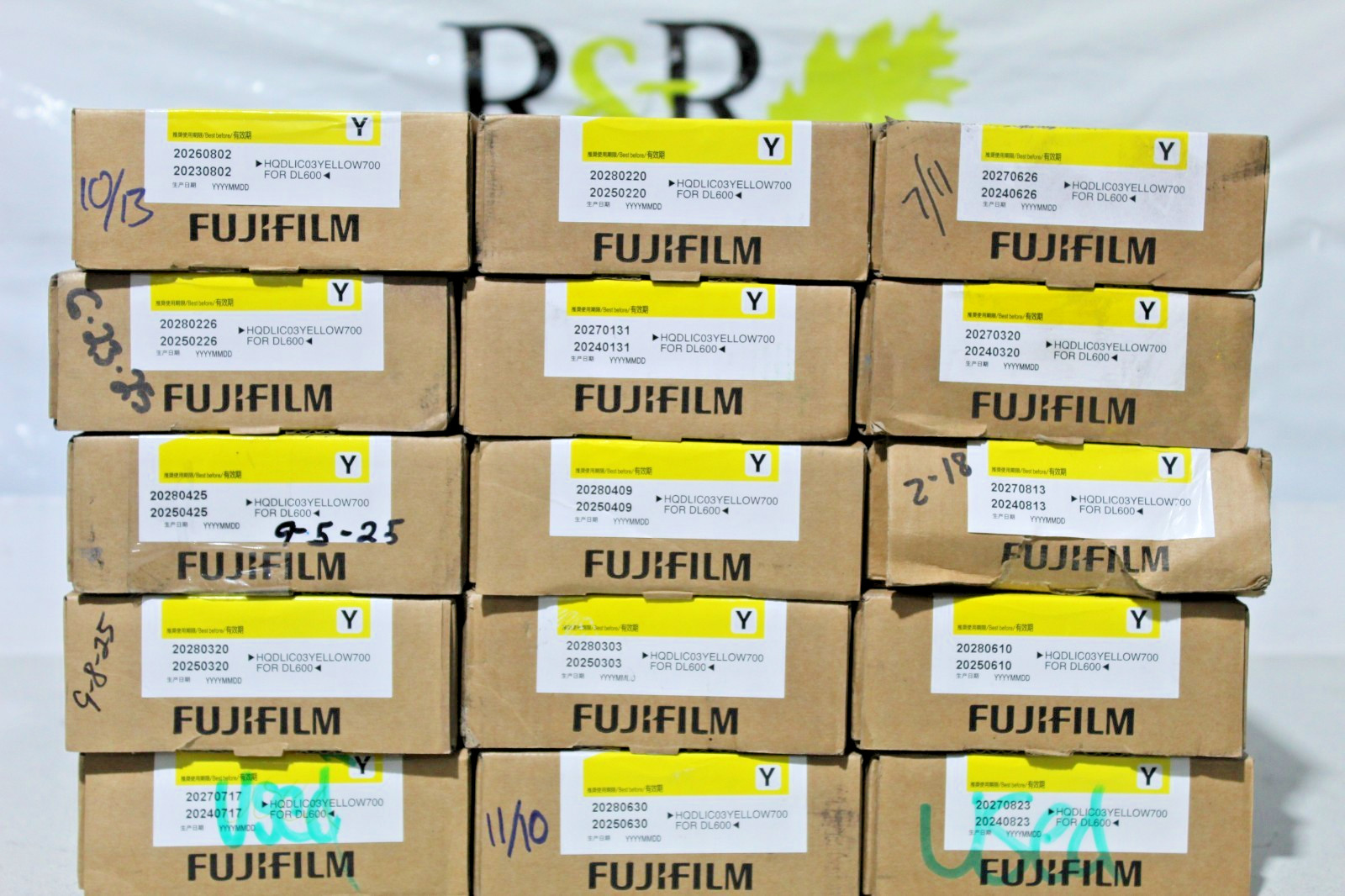 Set of 15 Yellow Fuji Film 700ml Used Expired Ink Boxed