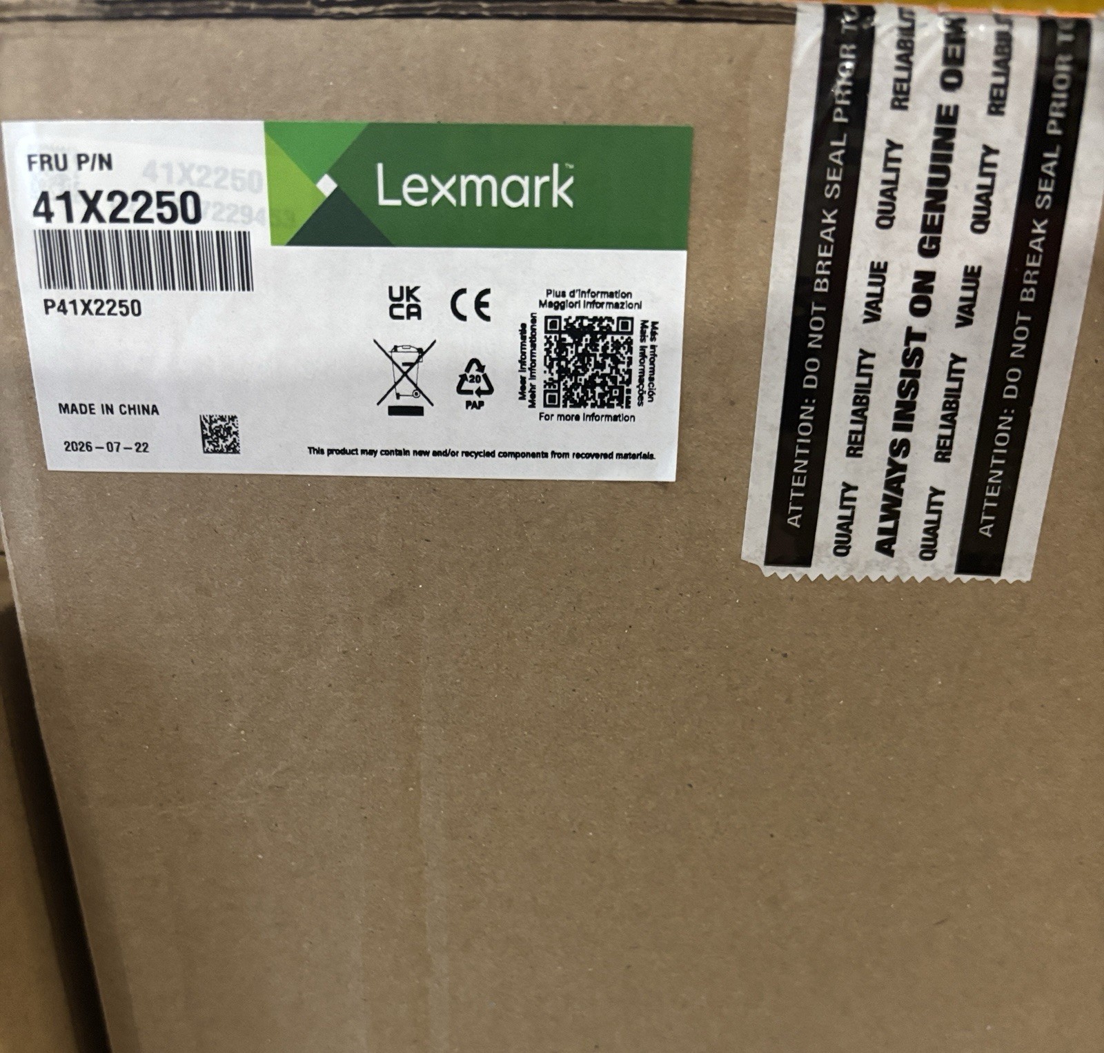 New Genuine Lexmark 41X2250 Fuser Maintenance Kit 400K Yield MX722 MS821 MS823