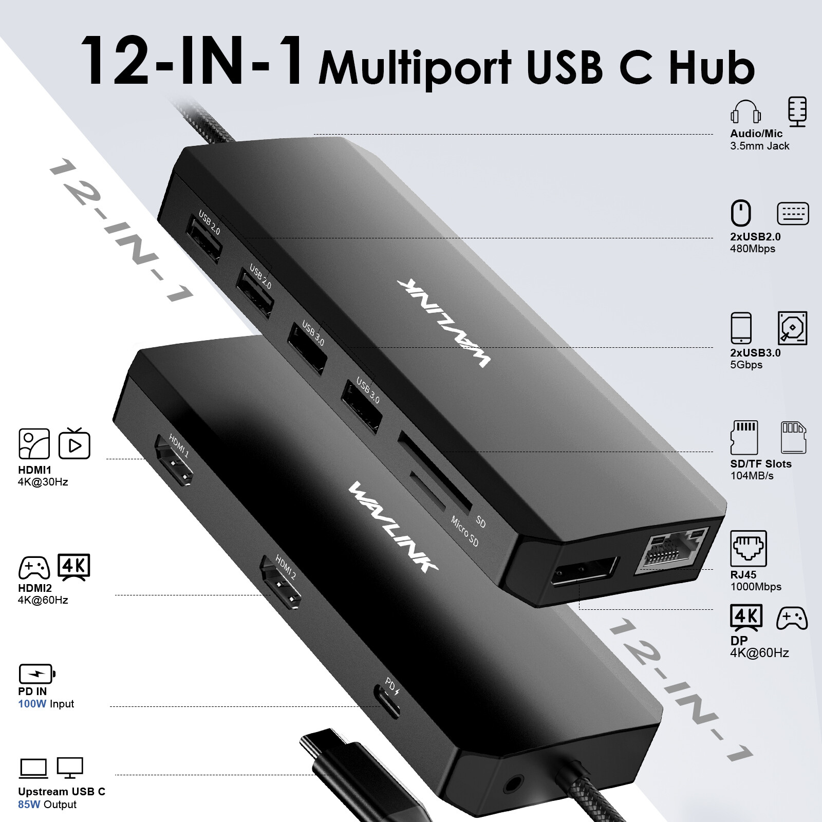 WAVLINK 12-in-1 Laptop Docking Station USB C Hub Triple Monitor Dual 4K HDMI