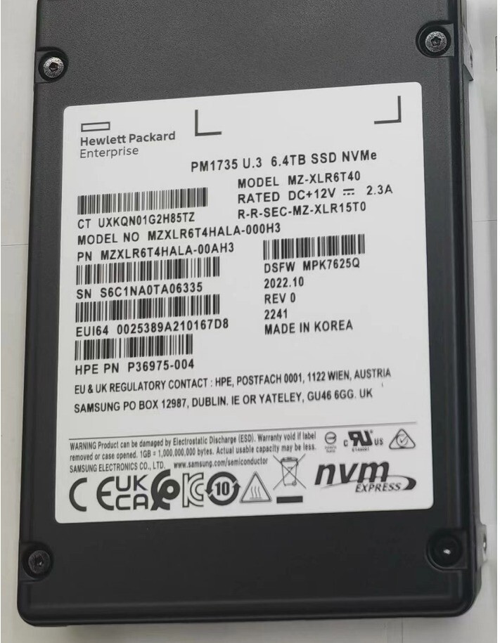 HPE Samsung 6.4TB SSD PM1735 2.5" U.3 MZ-XLR6T40 MZXLR6T4HALA-000H3 MPK7625Q