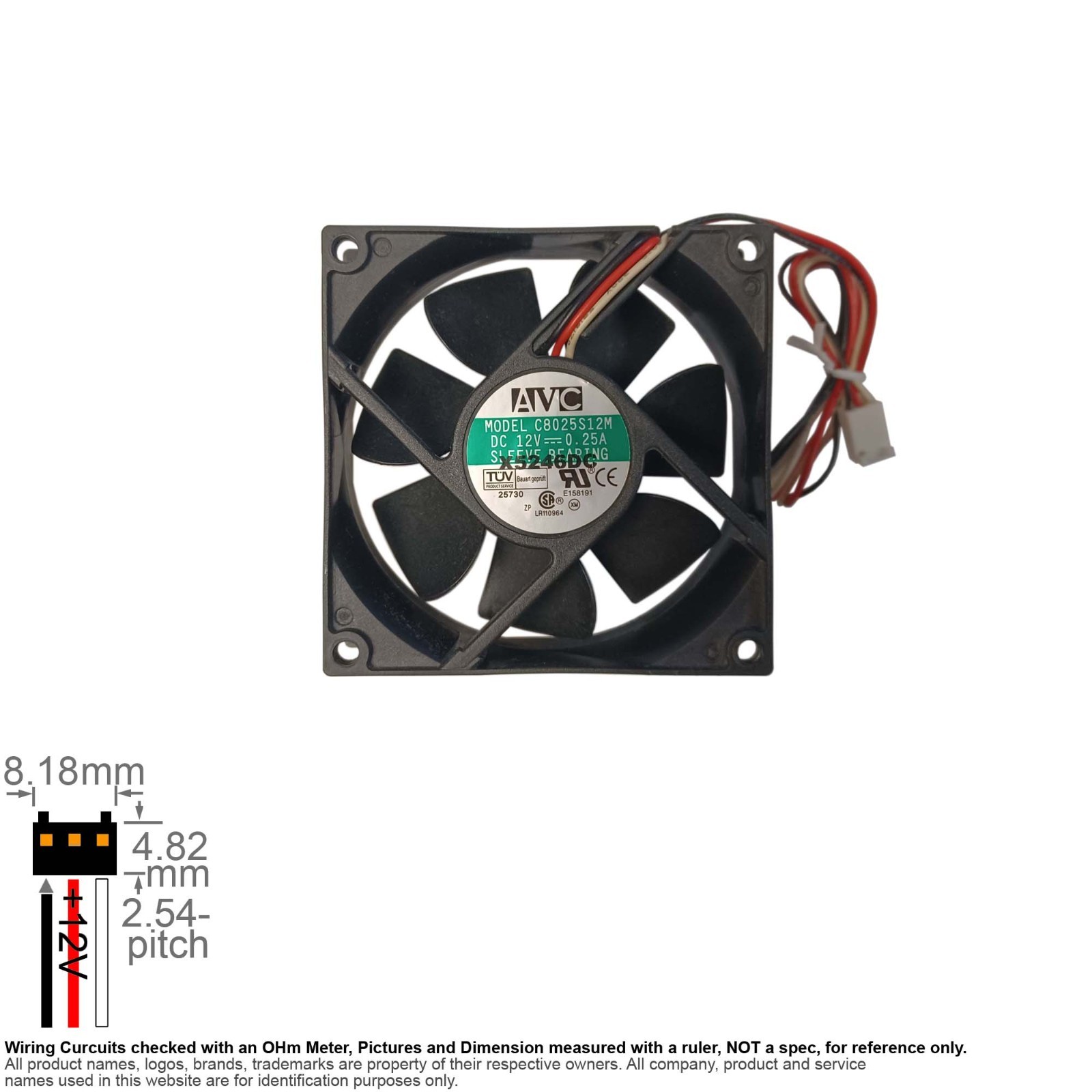Fan Axial Muffin Cooling DC 12V  80mm 80x80x25 AVC C8025S12M ZP 0.25A