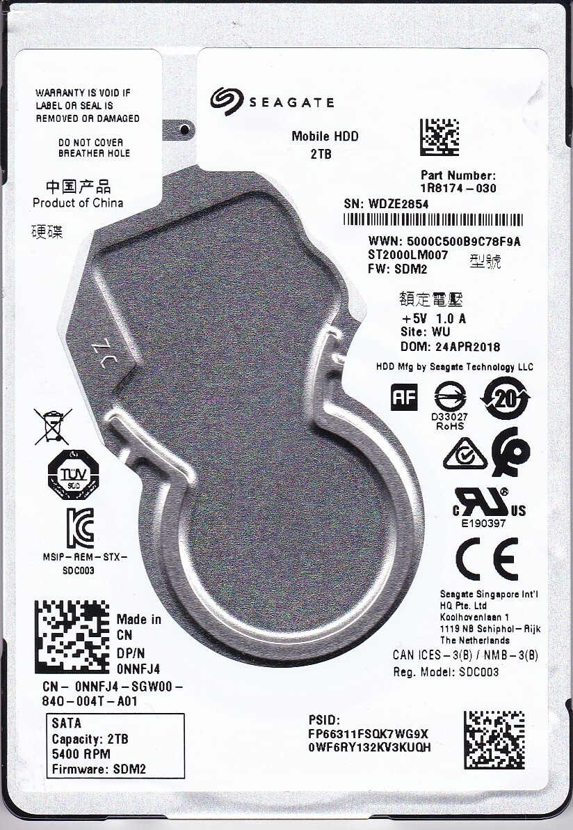  ST2000LM007 pn: 1R8174-030 fw: SDM2 sn: WDZ WU 2018 2TB SATA 2.5" Seagate