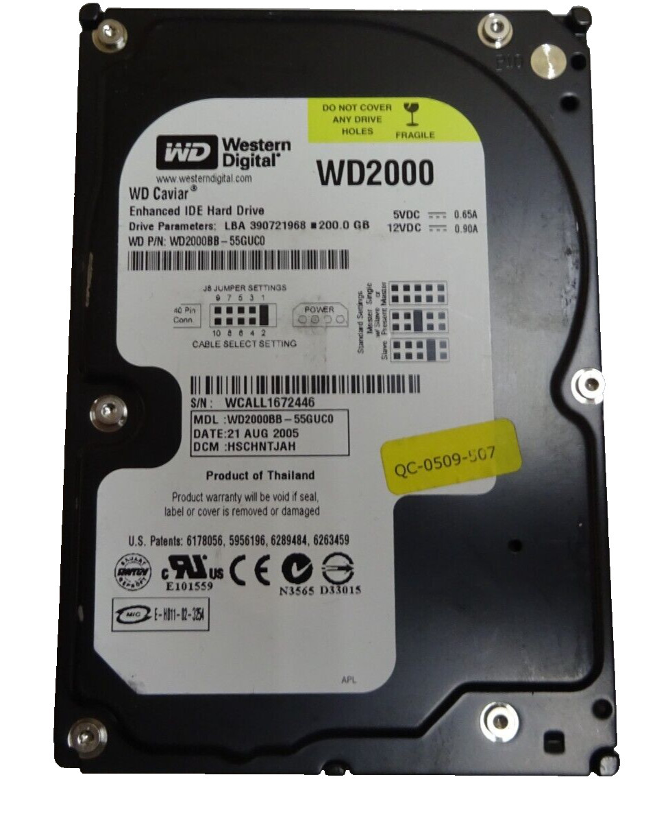 200GB IDE Western Digital WD2000BB-55GUC0 S/N:WCALL1672446 3.5" #FP4132