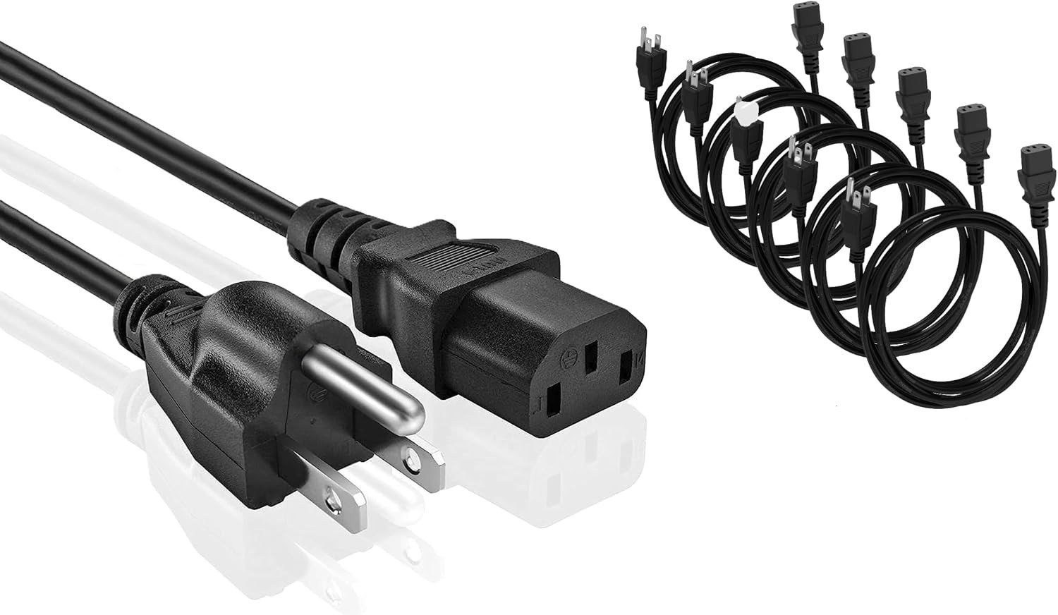 Universal AC Power Cable - 5 Pack- 3 Prong PC Power Cord Replacement for...