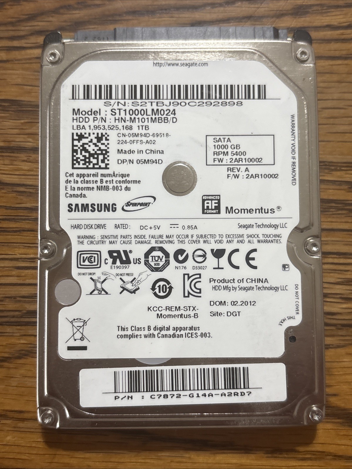 Seagate Momentus ST1000LM024 1 TB SATA II 2.5 in Laptop Hard Drive