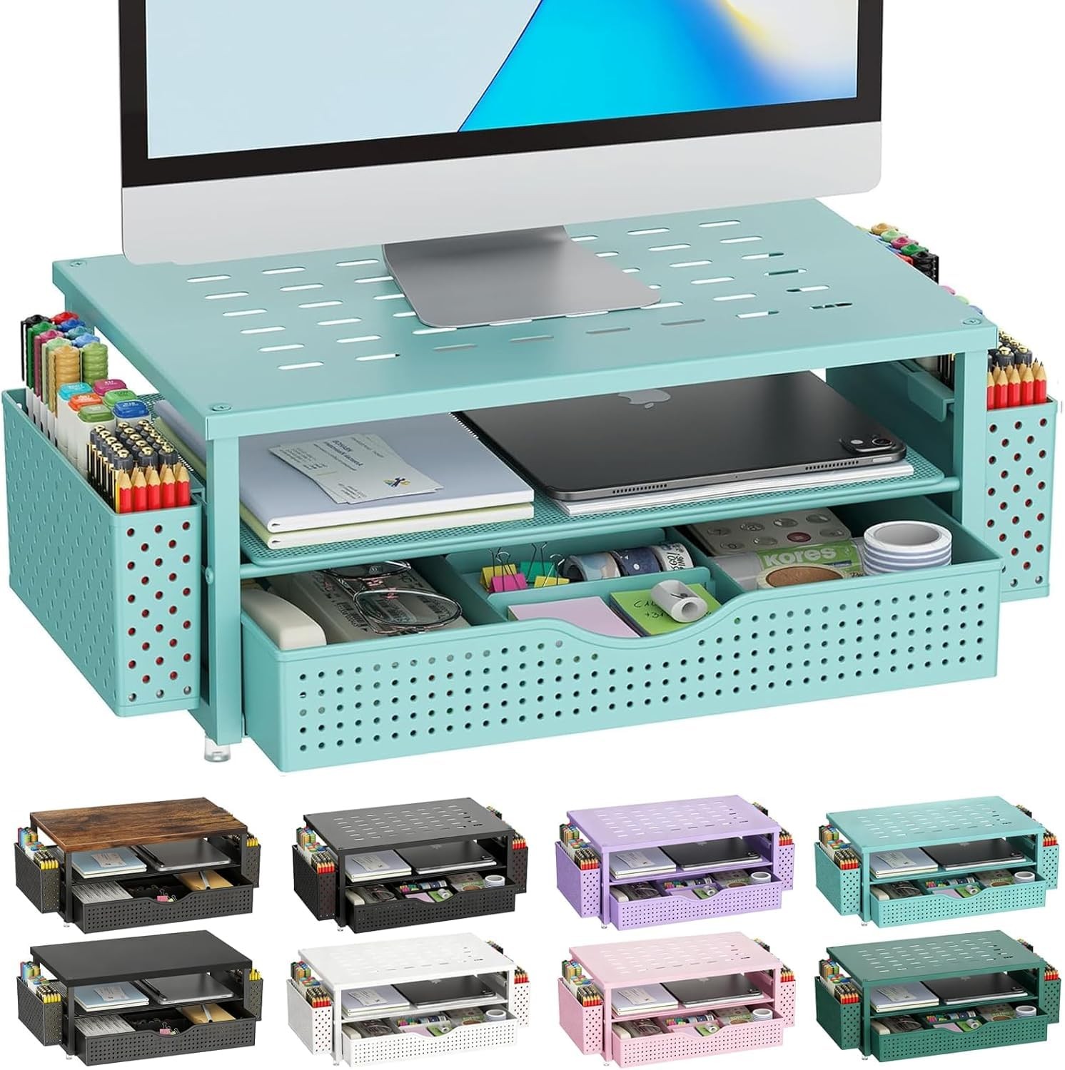 gianotter Desk Organizers and Accessories, Monitor Stand with Drawer Blue
