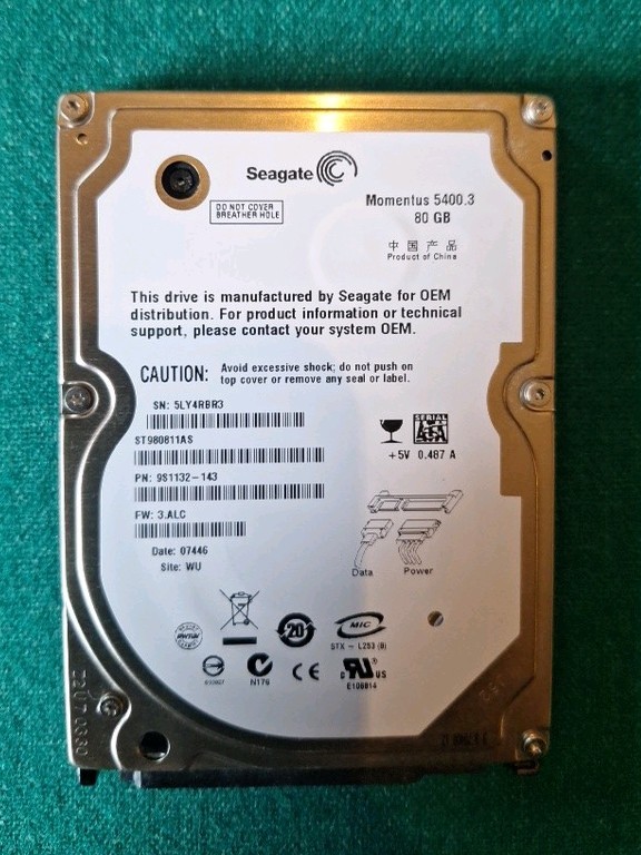 Seagate ST980811AS 9S1132-022 3.BHE (5LY) WU China 80gb 2.5" Sata HDD JAN/2008