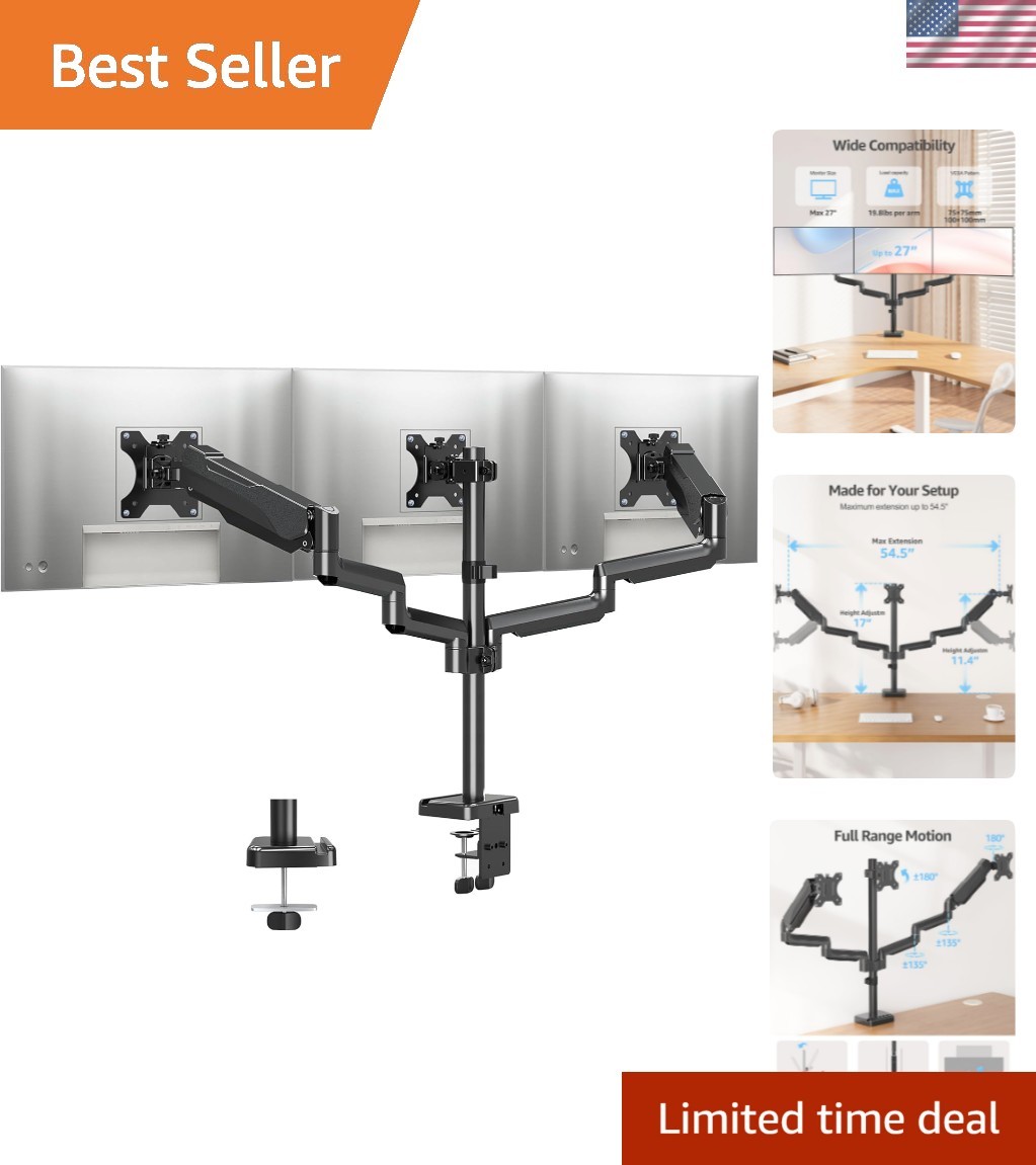 Adjustable Triple Monitor Desk Stand for Up to 27” Screens - Ergonomic Solution