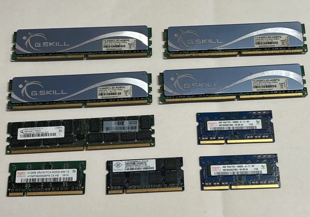 Mixed Lot Of Ram 9 Sticks 5-4GB, 2-2GB, 1-1GB, 1-512MB - G. Skill Hynix Nanya HP