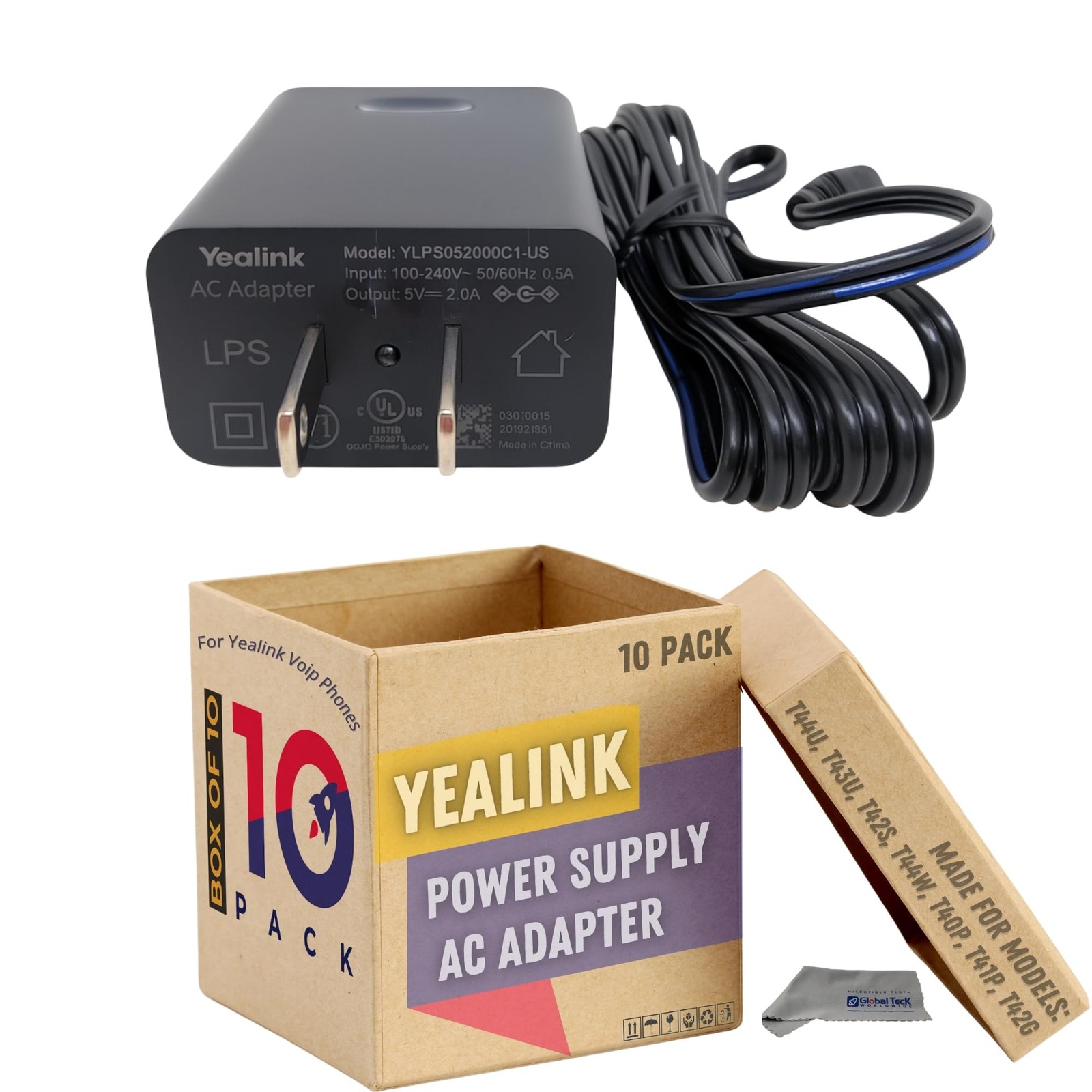 Global Teck Yealink PS5V2000US 5V 2A Power Supply 10-Pack +10 Microfiber Cloths