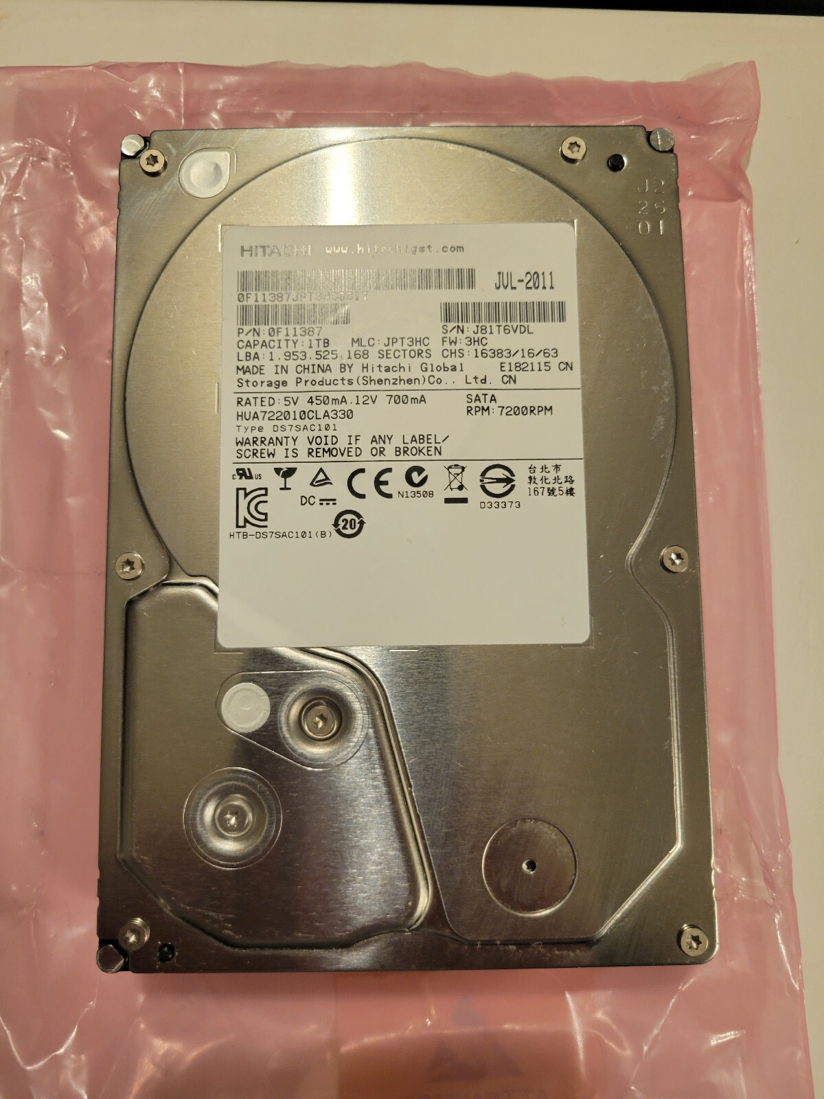 Hitachi HUA722010CLA330 MLC JPT3HC PN 0F11387 FW 3HC 1TB 3.5" HD SATA