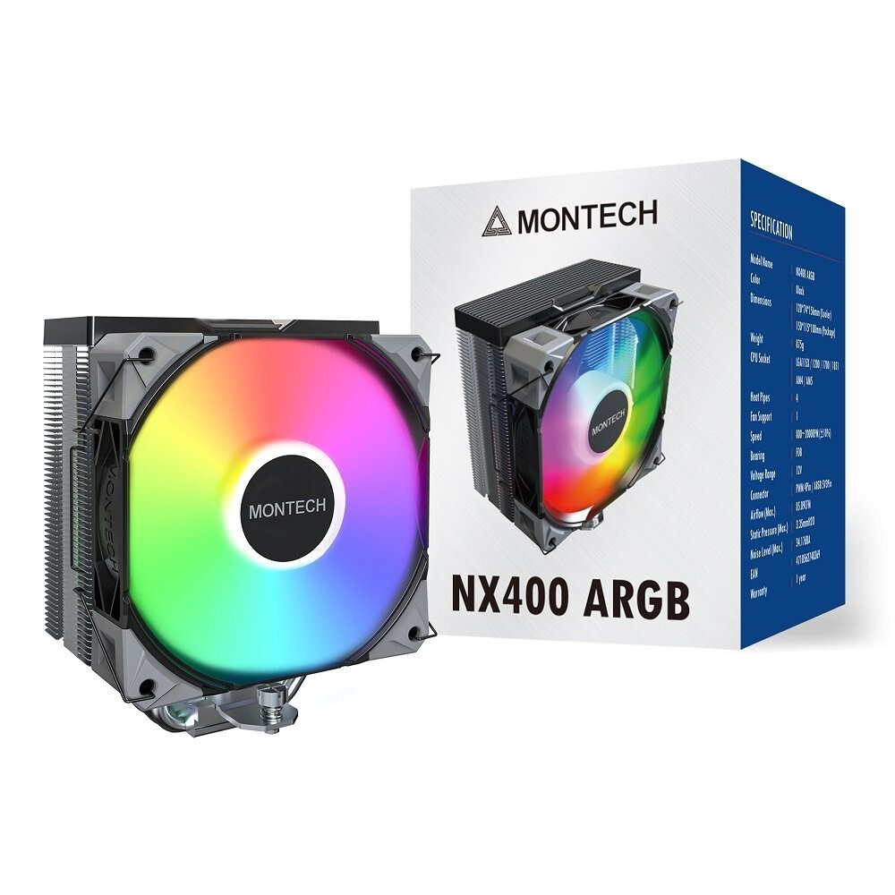 MONTECH NX400ARGBB NX400 ARGB CPU Air Cooler Single Tower, 4 Advanced Heat Pipes