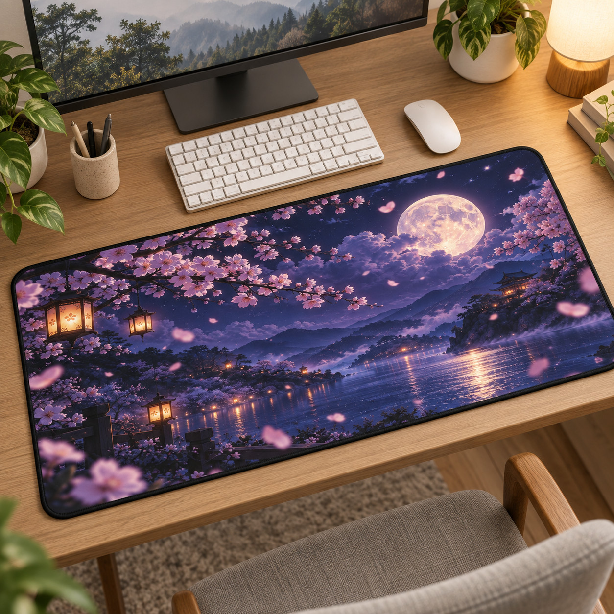 Cherry Blossom Moon Desk Mat, Sakura Japanese Mouse Pad, Purple Gaming Mat