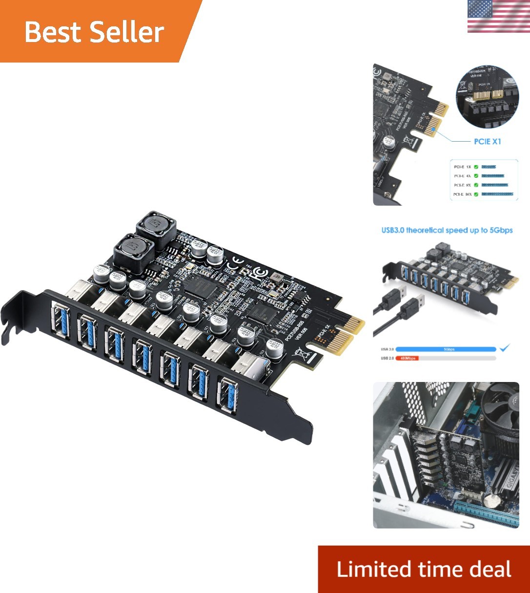 Plug & Play PCIe USB 3.0 Expansion Card - 5Gbps, Compatible with Windows/Linux