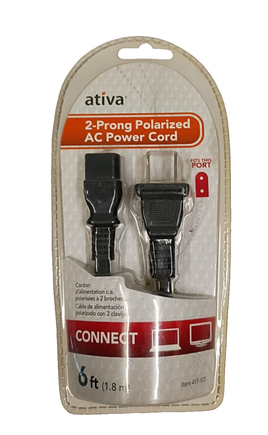 Ativa 2-Prong Polarized AC Power Cord 6 Foot 1.8m Item 417-103