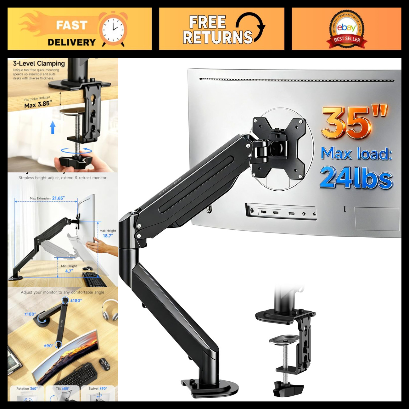 Fully Adjustable Single Monitor Arm for 17-35 Inch Screens - Desk Mount Bracket
