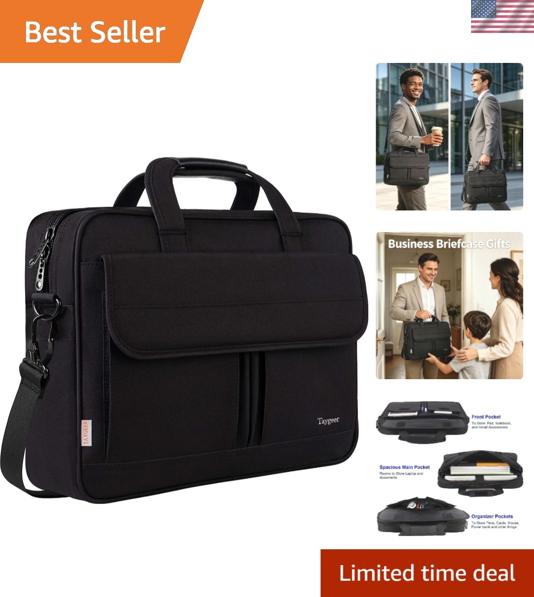 15.6-Inch Water-Repellent Laptop Briefcase with Multi-Compartment Design