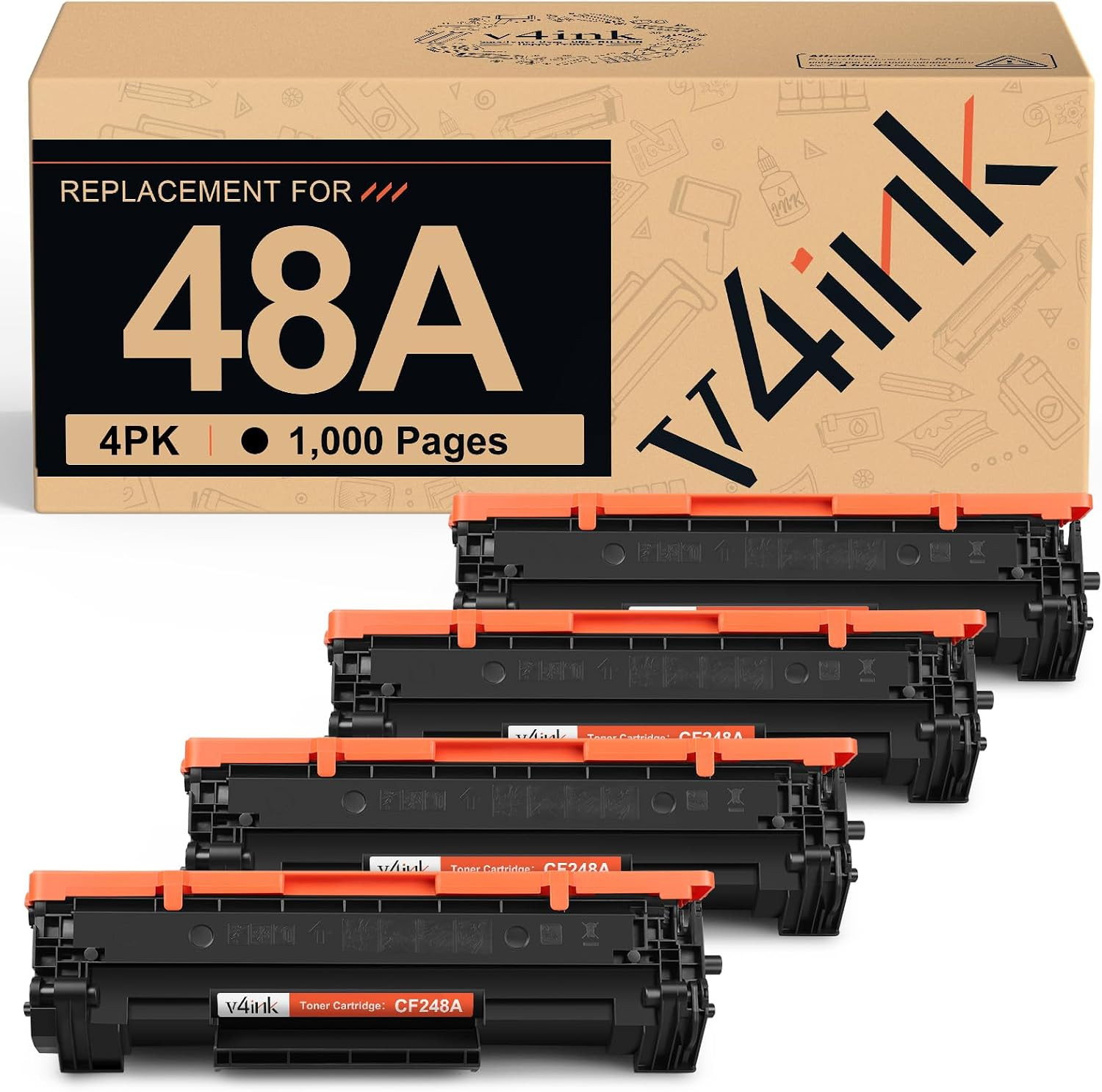 v4ink CF248A Toner Cartridge 4-Pack Black Replacement | Compatible for HP 48A CF
