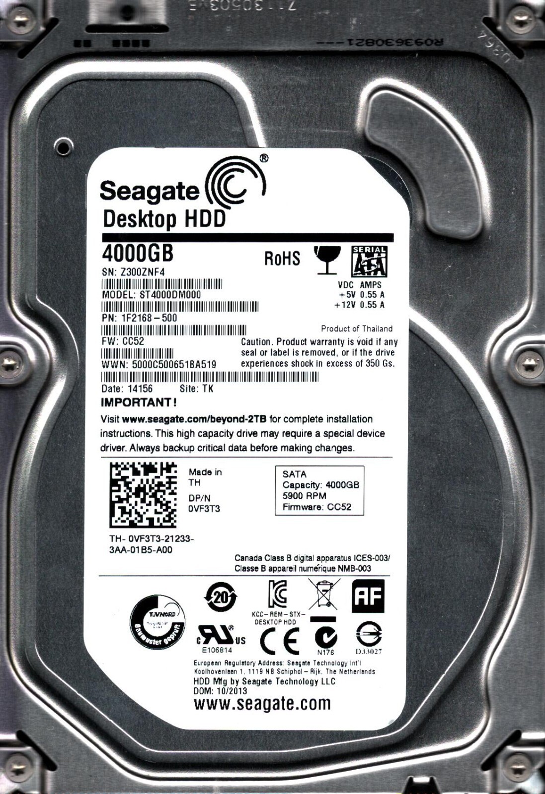 ST4000DM000 P/N: 1F2168-500 F/W: CC52 S/N: Z300 TK 4TB OCT 2013 THAILAND SEAGATE