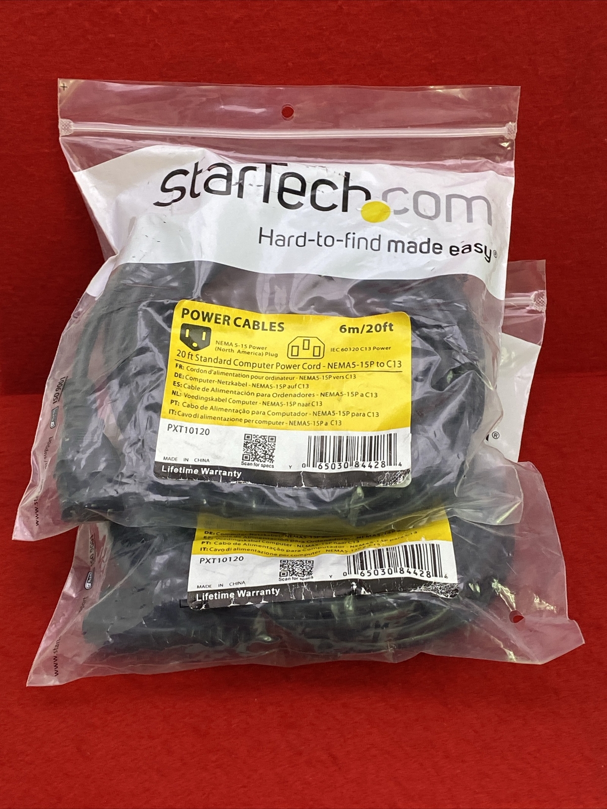 ⭐️🇨🇦 Lot x2 StarTech PXT10120 20ft 6m Standard PC Computer Power Cord Pair