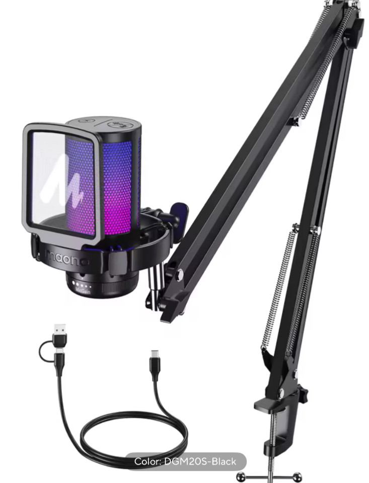 MAONO DGM20S Gaming USB Microphone RGB Noise Cancelling Boom Arm Bundle Black